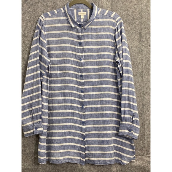 Garnet Hill Blue White‎ Striped Linen Shirt Relaxed Button-Down Coastal Chic PM - Picture 1 of 5
